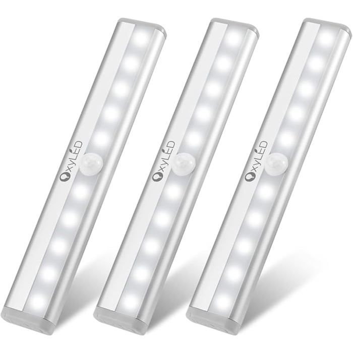 Lampe Detecteur de Mouvement InterieurLampe A Pile 3PCS 6000K Auto ON/OFF Lampe Led Sans Fil Avec Bande 3pack Battery