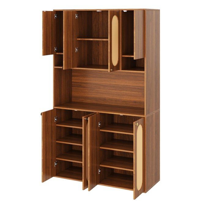 Buffet haut 8 portes en MDF naturel avec rotin PE bar centrale LED réglable 106 x 40 x 178 cm