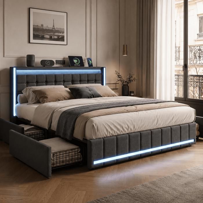 Lit double 160x200CM avec LED et USB Structure de lit avec 4 tiroirs Tête capitonnéeTissu lin gris foncéSommier à lattes inclus