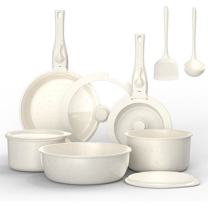 Batterie Cuisine Antiadhésive Induction 13 Pièces Poêles Et Casseroles Avec Poignée Amovible Tous Feux Four