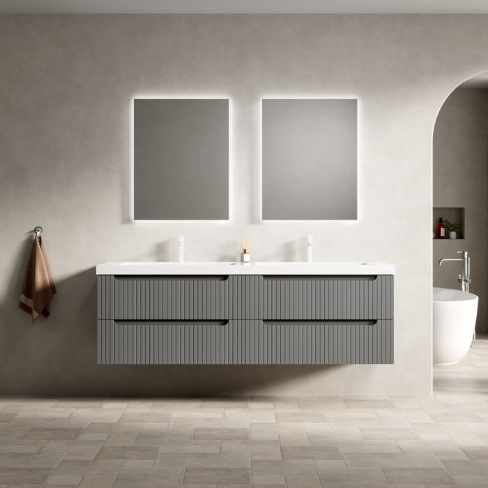 Meuble Vasque Suspendu 160 cm Double 2 Vasques Plan Pierre 4 Tiroirs Gris Foncé Préassemblé