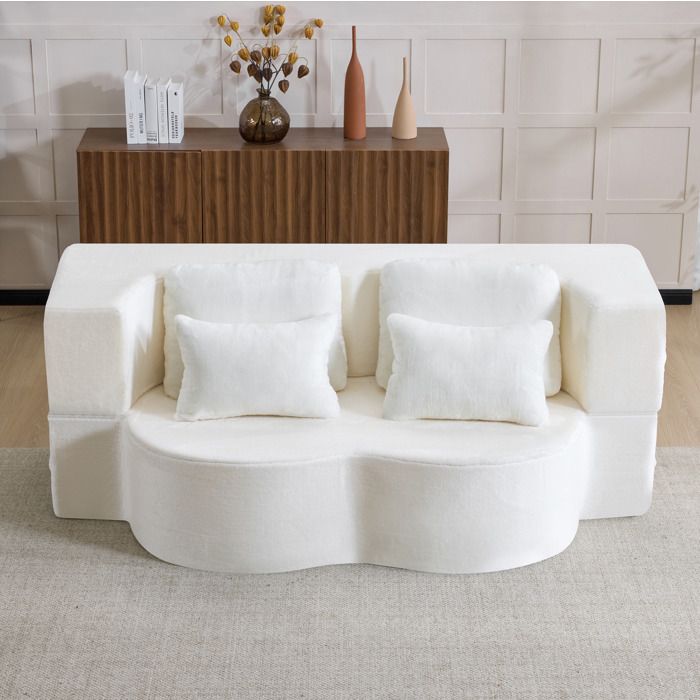 Canapé de sol blanc 198 x 120 x 76 cm convertible 2 places 4 coussins mousse haute densité sans assemblage