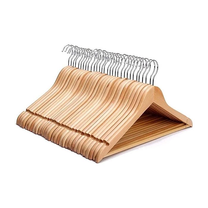 Lot de 10 cintres robustes en bois de noyer avec crochet rotatif et barre pantalon naturel
