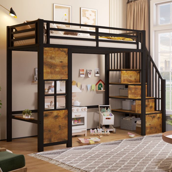 Lit Surélevé Enfant 1 Place 90×200 cm avec Escalier Rangement et Étagères Sans Matelas en Métal MDF Noir