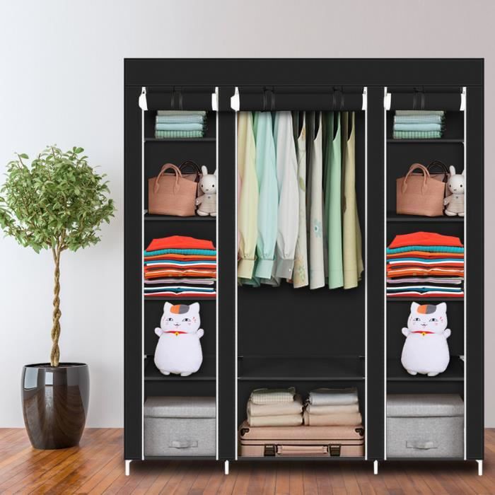 Armoire en Tissu Penderie de Vêtement 5 Etagères 12 grille 150x45 x175-Noir