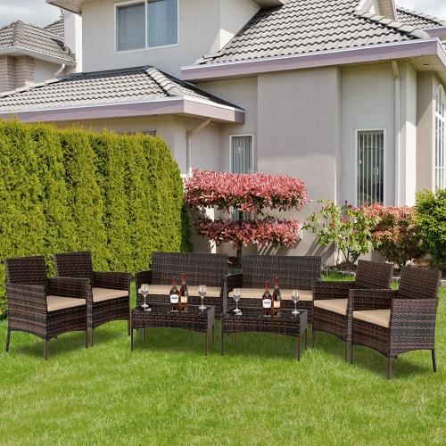 Salon de jardin en résine tressée rotin - 8 personnes - Marron avec coussin Salon de jardin en résine tressée rotin - 8 personnes - Marron avec coussin