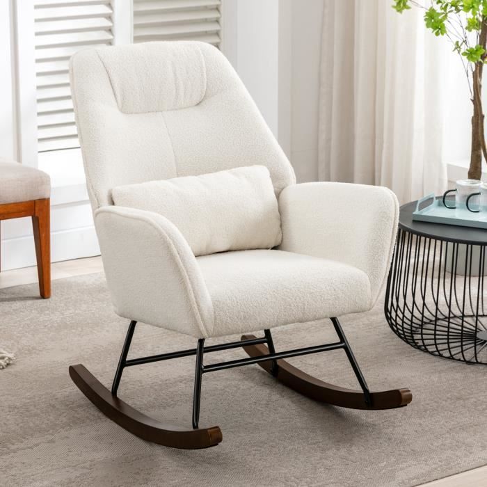 fauteuil a bascule moderne en laine d'agneau beige avec pieds en bois pour salle d'allaitement salon chambre à coucher