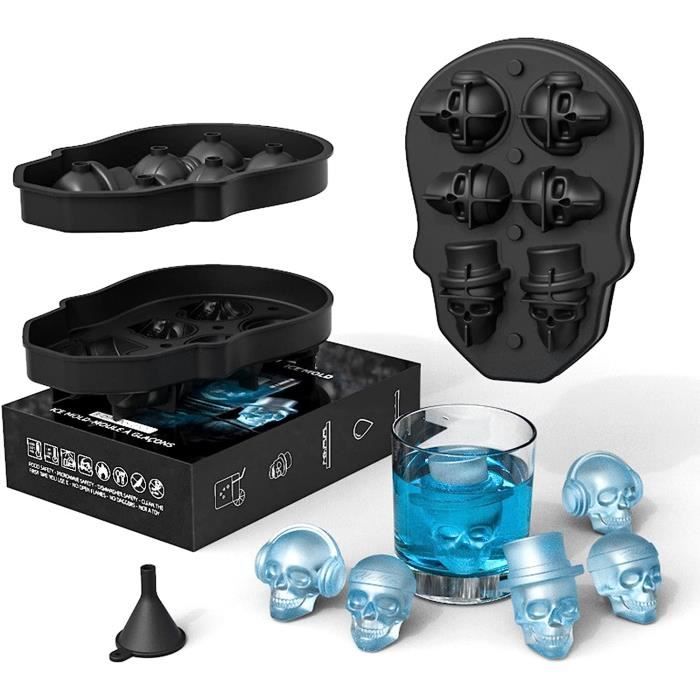 Moule à Glaçons Crâne En Silicone - 10 Cavités - Avec Entonnoir Et Couvercle - Pour Cocktails