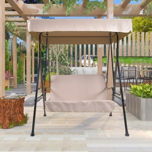 Balancelle de Jardin Exterieur à 2 Personnes avec Auvent Réglable-Tissu polyester+PVC-200KG Chargeable-145.6x116x160CM-Beige