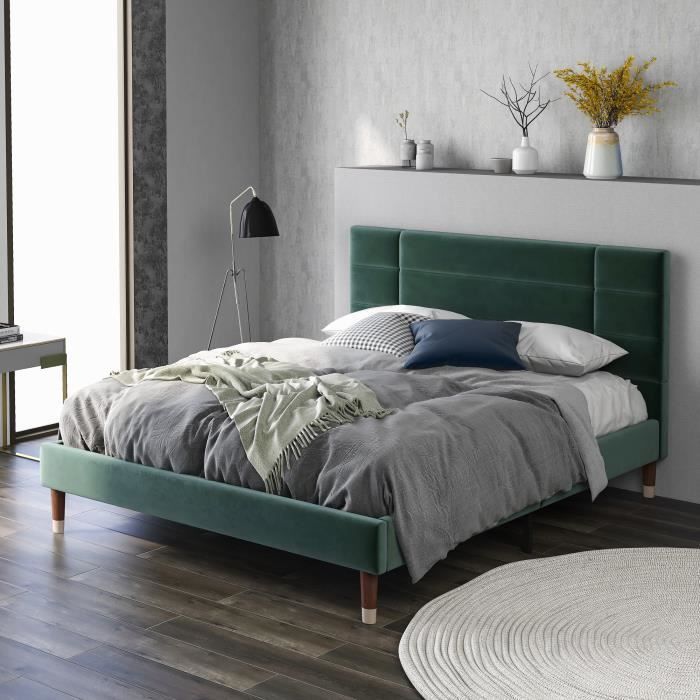 lit capitonné double - 140 x 200 cm - avec sommier à lattes, tête de lit, velours - vert