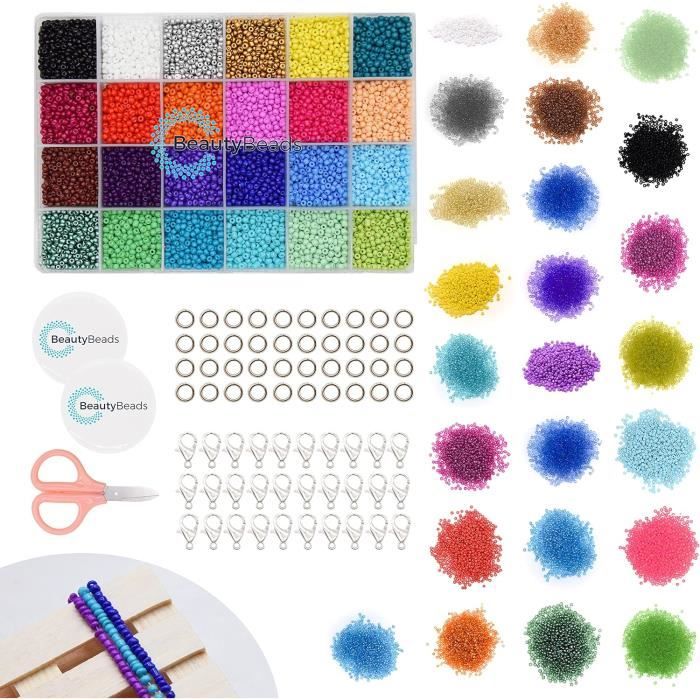 Kit De Perles à Enfiler DIY - 12 000 Perles De Verre 3 Mm - 24 Couleurs - Boîte De Rangement Avec Fil, Ciseaux, Fermoirs - 6