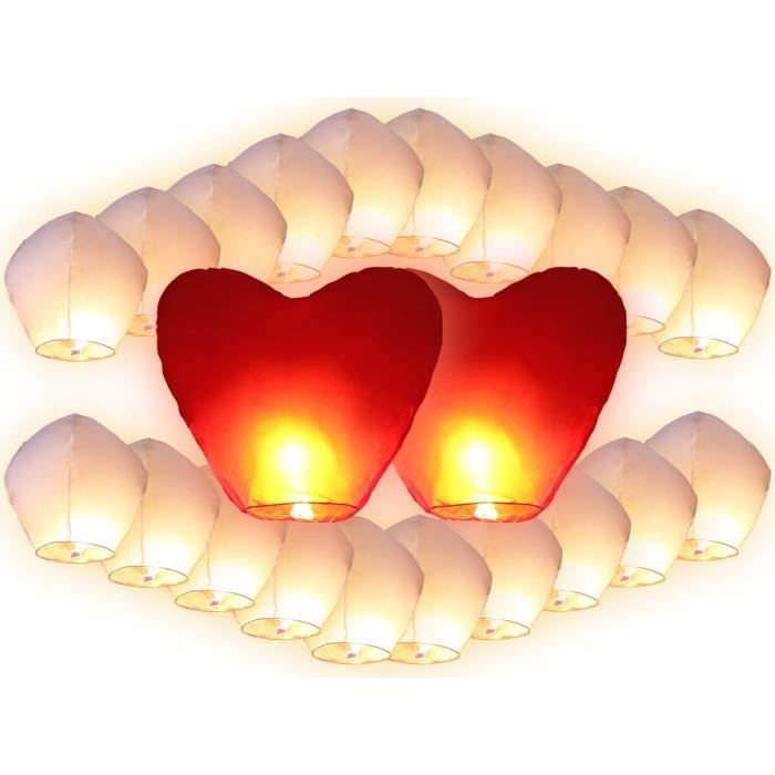lot de 22 lanternes blanches dont 2 coeurs chinoise celestes volantes biodégradable pour fêtes , moments romantiques et magiques