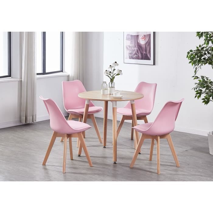 Table Ronde Effet Chene 4 Chaises Scandinaves Roses Ensemble