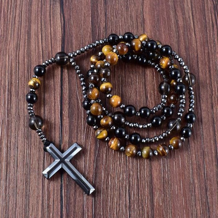 Collier Chapelet Pendentif Croix Acier Inoxydable - Chaîne Boule 6 Mm - Noir Et Argent