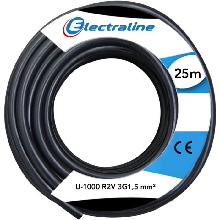 Câble Electraline U-1000 R2V 3G2,5 - Couronne De 10 Mètres - Noir - Pour Alimentation Électrique