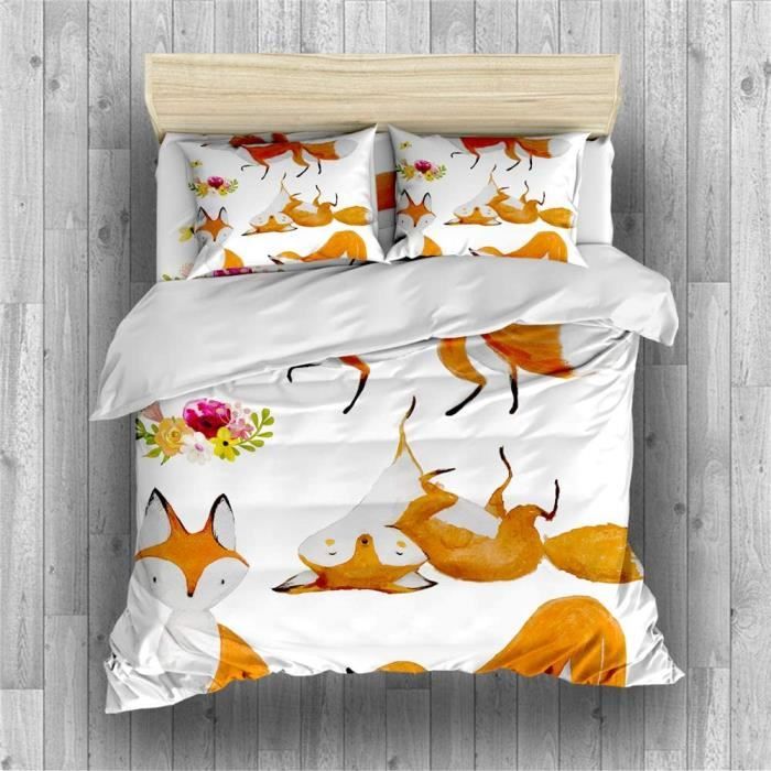 Parure De Lit 90x190 Cm Enfant - Thème Renard Mignon, Réversible Fleurs - Housse De Couette + Taie 65x65 - Microfibre
