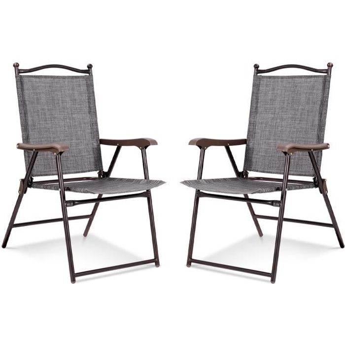 COSTWAY Lot de 2 Chaises de Jardin Pliantes en Textilène & Métal, Fauteuil Jardin avec Accoudoirs, Dossier pour Plage, Camping Gris