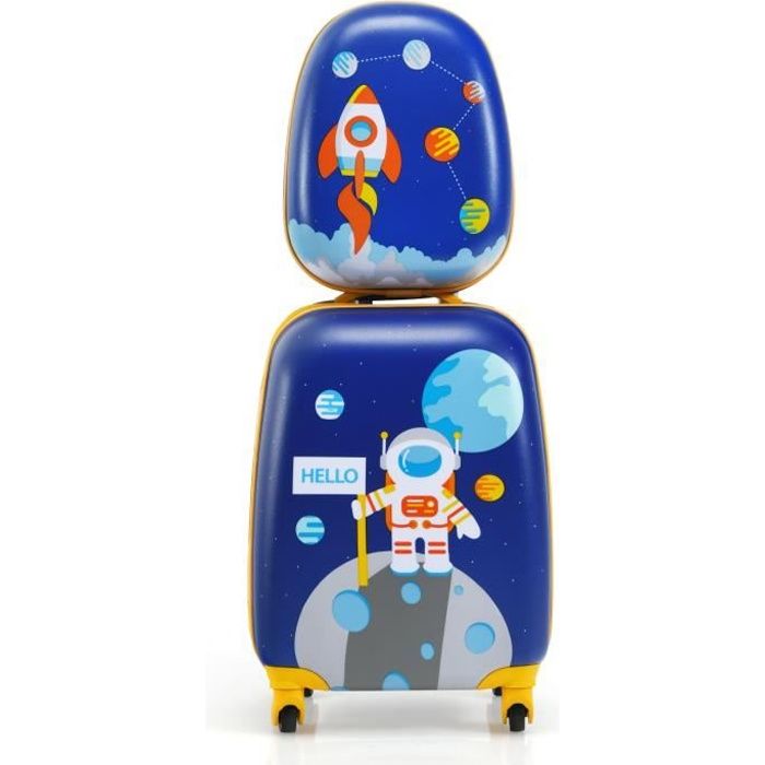 costway ensemble 2 valises pour enfants - sac à dos + trolley avec poignée rétractable thème : aérienne bleu