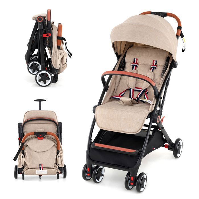 Poussette Bébé 0-3 Ans Pliable à une Main avec Tige COSTWAY Dossier-Repose-pieds Réglables-Auvent Rétractable-Sangle dAttache Beige