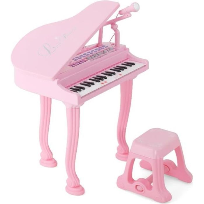 DREAMADE Piano Électronique pour Enfants 37 Touches 3 Modes d’Enseignement avec Lumière Tabouret et Microphone pour 3+ Ans Rose