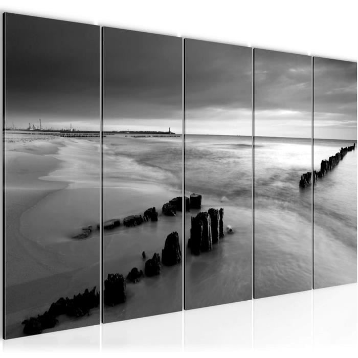 Runa Art Tableau Plage Mer 200x100cm 5 Parties XXL - Décoration Murale Bleu Rose