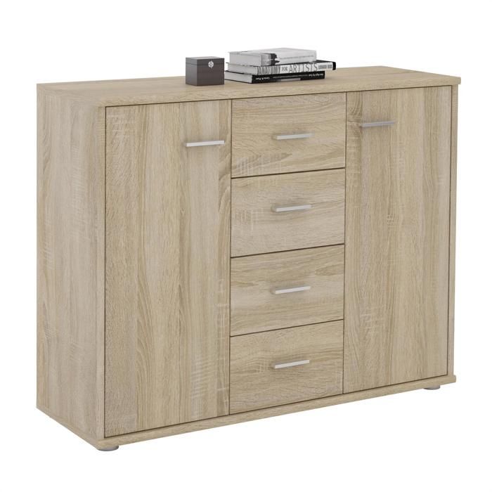 Buffet salle à manger ELODIE L 89 cm coloris chêne sonoma avec 4 tiroirs et 2 portes bahut bas