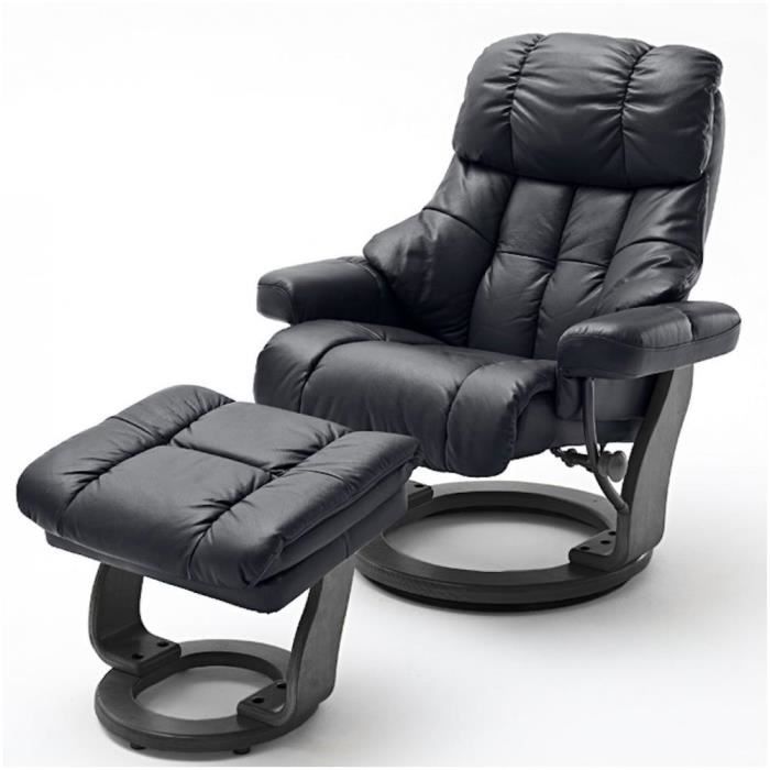 fauteuil relax clairac xl assise en cuir noir pied en bois couleur noir avec repose pied noir cuir inside75
