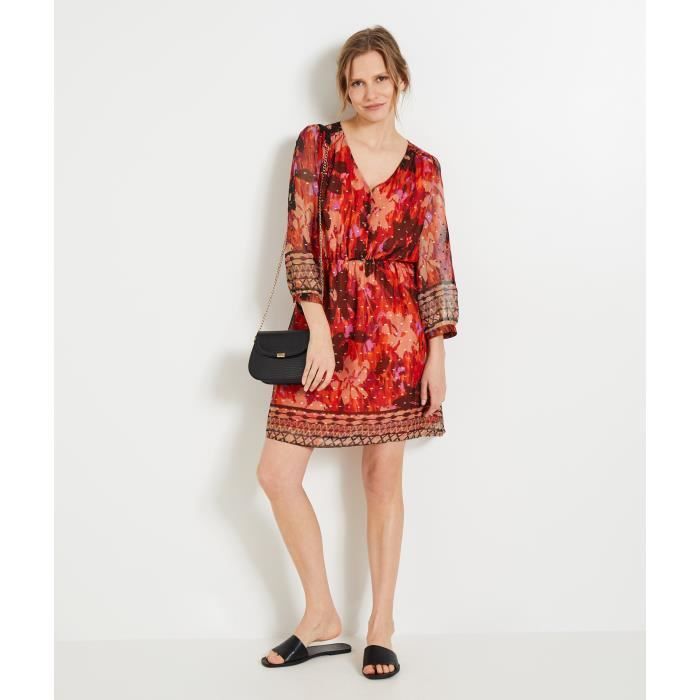 Robe imprimee femme GRAIN DE MALICE Longueur genoux Manches 3 4 Coupe fluide Cdiscount Pret a Porter
