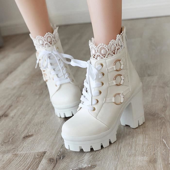 Mode Hiver Dentelle Pure Color haute Heeled Femmes Bottines