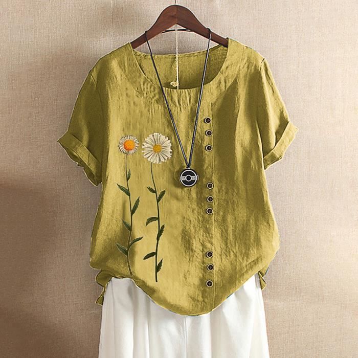 Chemise Bleu Ciel Femme Chemisier Coton Et Lin Femme Col En V T-Shirts Chic Et U00c9légant Avec Bouton Respirant Chemisiers Et Blouses U00c9té Couleur Unie Grande Taille Chemise Pas De Qualité