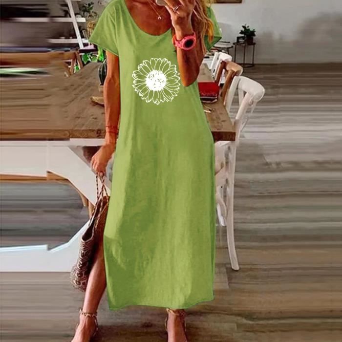 Robe Longue Femme Boheme Robe Ample Décontractée pour Femmes en Lin Imprimé À Pois Grande Taille À Manches Courtes Midi Robe Maxi Jupe Évasée Fête D/'Été Au Soleil Tous Les Jours Plage Robe