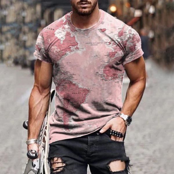 Homme T shirt d ete a col rond Impression de carte Slim Tee shirt a manches courtes Tops Rose Rose Cdiscount Pret a Porter