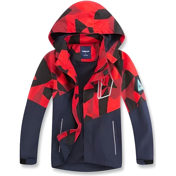 Blouson Enfant Impermeable Coupe Vent a Capuche Color Block Veste de Randonnee Double Polaire Garcon Camouflage Rouge