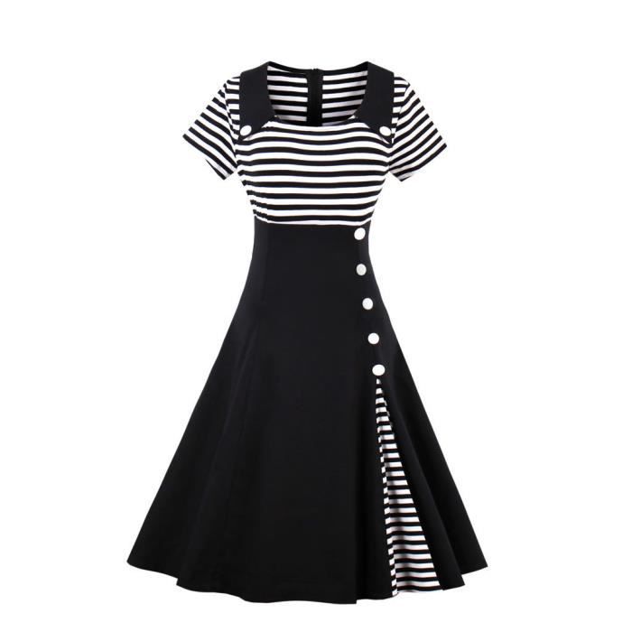 Femme Grande Taille S 4xl Raye Mariniere Robe Rayures Noires Et Blanches D ete Col Rabattu Manches Courtes Femmes Retro Robe Noir Cdiscount Pret a Porter