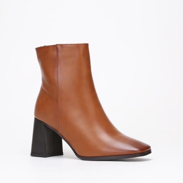 Bottines Femme Marron Talon Large 8cm Fermeture Zip Tige