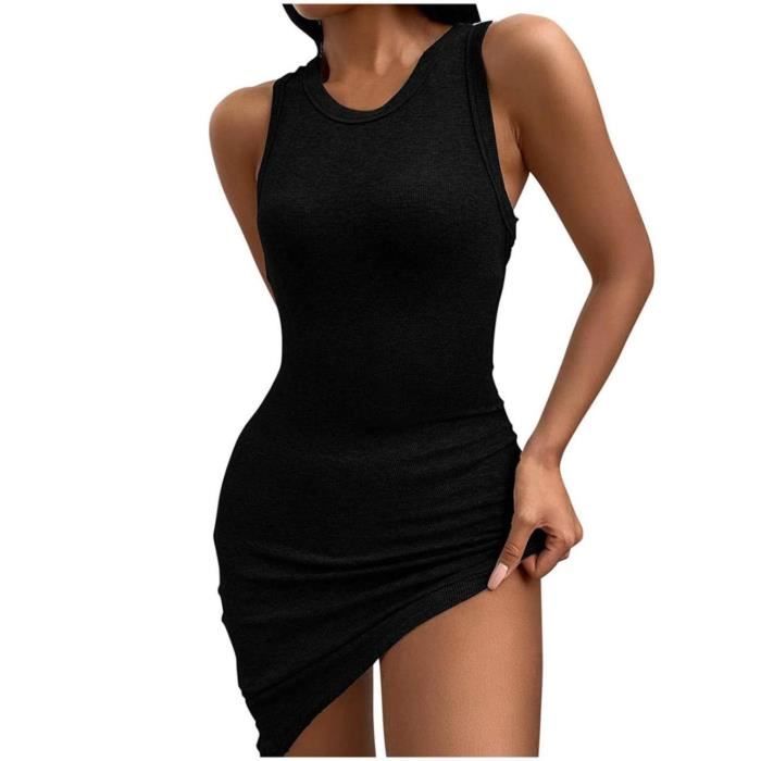 Robe ete Femmes Sexy Decontracte Sans Manches Amincissant De Reservoir Solide O Cou noir ZP