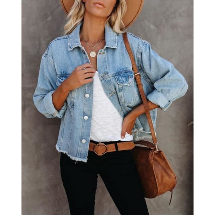 Veste en jean femme coupe ample bord franc delave Bleu clair Cdiscount Pret a Porter