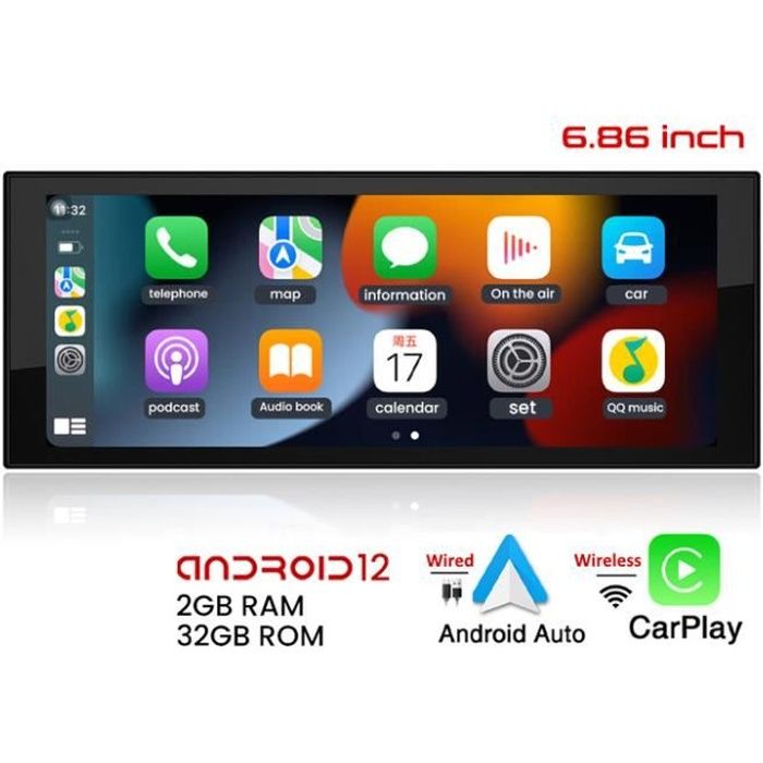 Autoradio GPS Android 12 Écran Tactile de 6.86 RAM 2GB + ROM 32GB 1 Din WiFi  Bluetooth Carplay sans fil Android Auto filaire - Cdiscount Auto