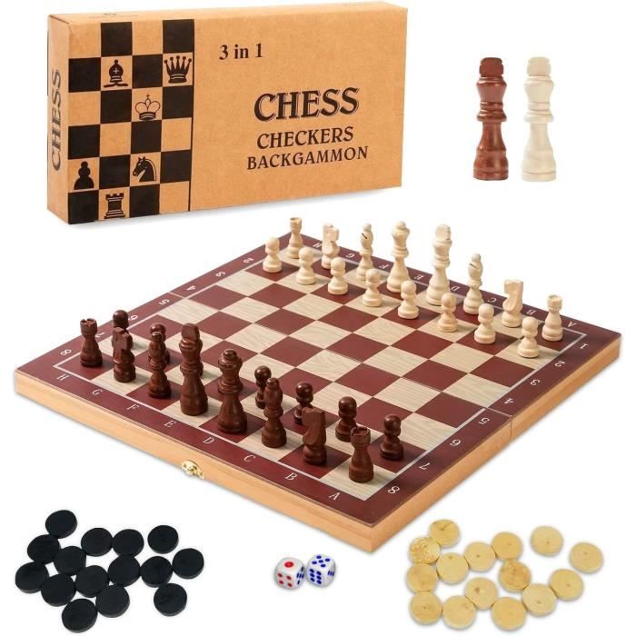 Jeu D'Échecs En Bois Pliable 3 En 1 Magnétique - Échecs, Dames & Backgammon - Échiquier Portable Haute Qualité Pour Enfants Et Voyage
