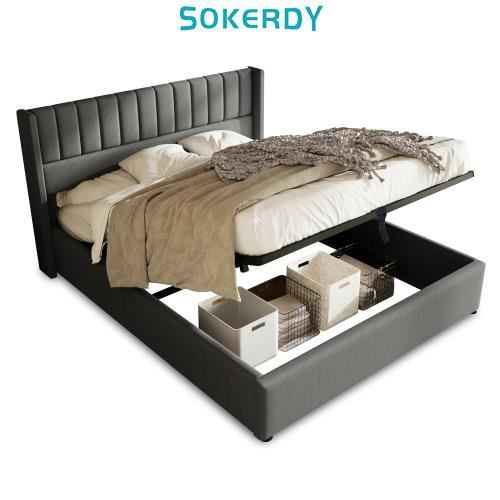 lit rembourré 140x200 avec tête de lit rembourrée - sokerdy - gris - lit double - a lattes