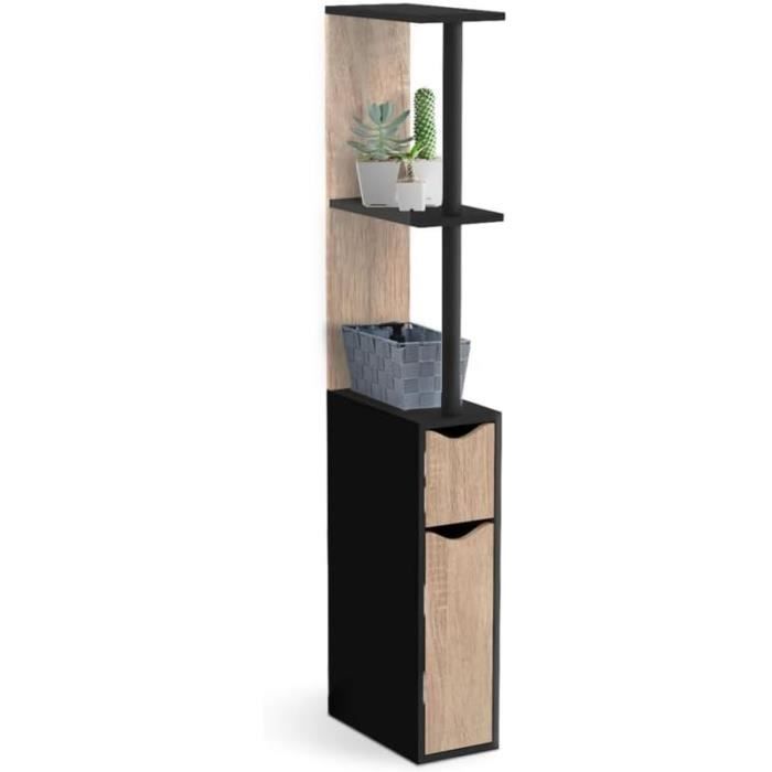 Meuble Dessus WC WALLIS - Blanc Et Imitation Bois Hêtre - Avec Placard Et étagère - Dimensions 79x23x95,5 Cm - Gain De Place Salle De Bain