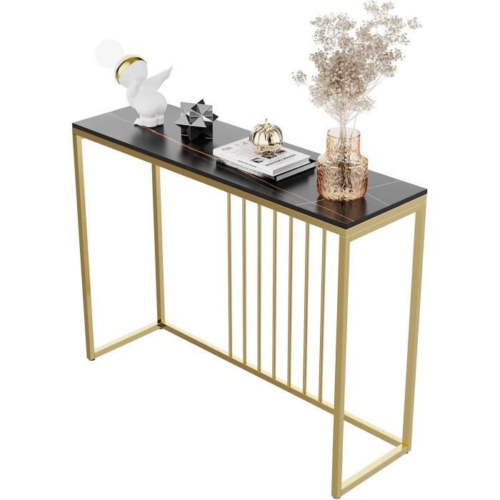 Table Console Marbre FATIVO 118x30x78 Cm – Pierre Frittée Noire Doré, Style Scandinave Luxe Entrée/Salon
