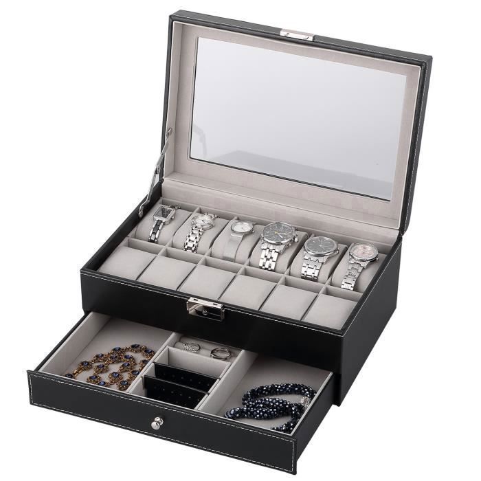 UTEN Boîte De Rangement Montres 12 CompartimentsCoffret Rangement Montres et Bijoux 2 Niveaux avec Tiroir et Vitrine en Verre