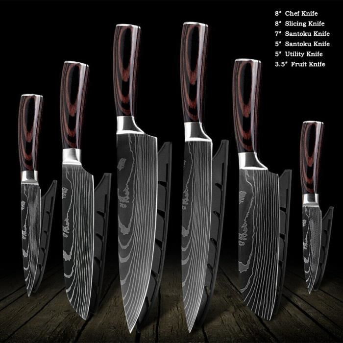 6pcs couteau de cuisine japonais set Damas acier professionnel chef couteau