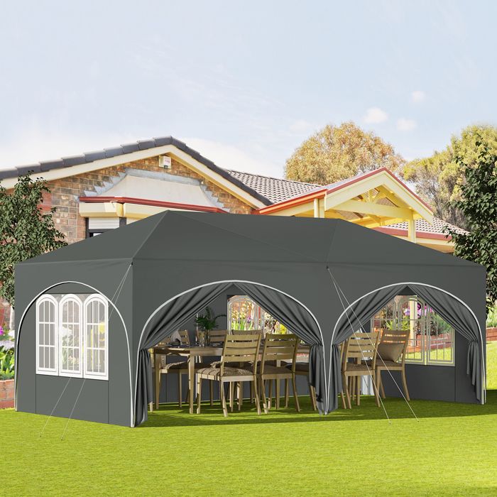 WOLTU Tonnelle de JardinPergola PlianteBarnum3x6m avec 6 Parois LatéralesHauteur RéglableImperméableProtection de UVGris
