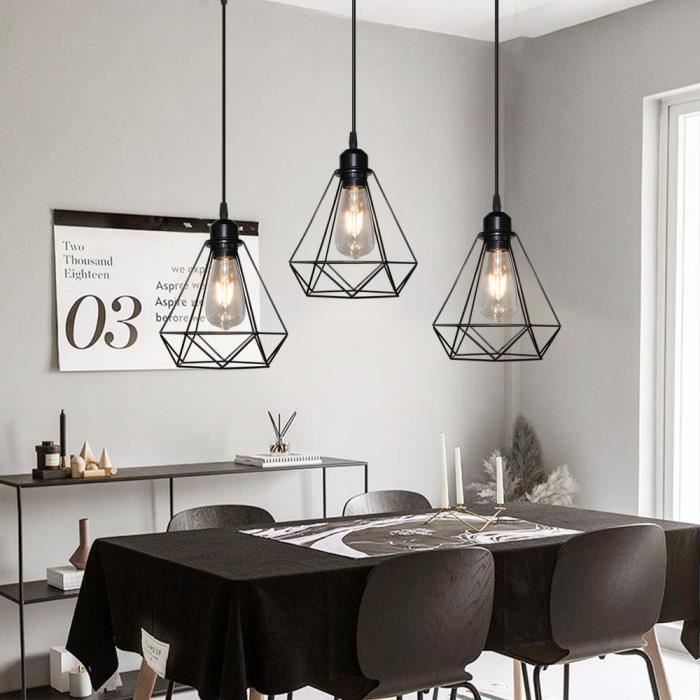 UNI 3PCS Pendentif Cage Diamant Plafonnier Lustre Vintage Industrielle Rétro Luminaire Salle à Manger Chambre Cuisine Noir