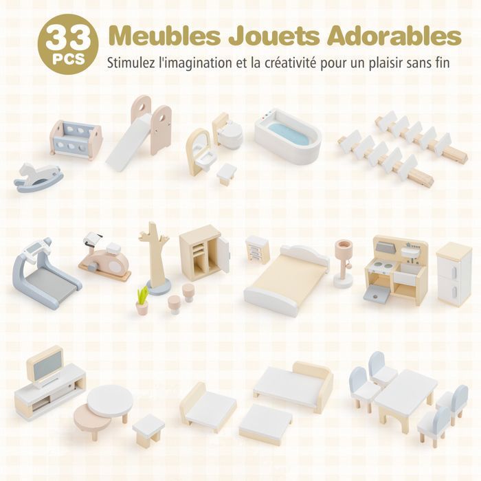 Maison de Poupée en Bois COSTWAY 13 Accessoires à 3 Etages 61 x 26,5 x 71 CM Cadeaux pour Enfants 3 Ans+ Rose. - Jeux - Jouets Maison de Poupée en Bois COSTWAY 13 Accessoires à 3 Etages 61 x 26,5 x 71 CM Cadeaux pour Enfants 3 Ans+ Rose. - Jeux - Jouets