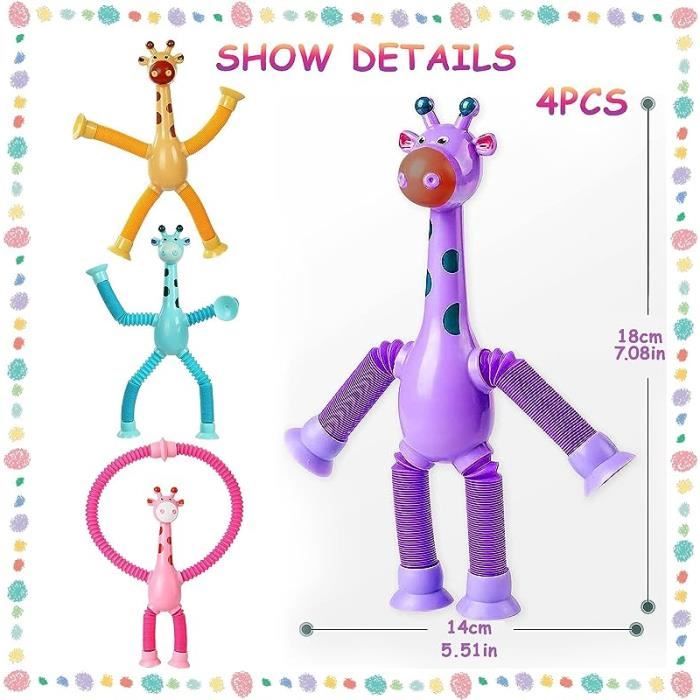 Lot 4 Jouets Sensoriels Girafe Télescopique – Ventouse – Anti-stress – Pour Enfants & Adultes – Cadeau