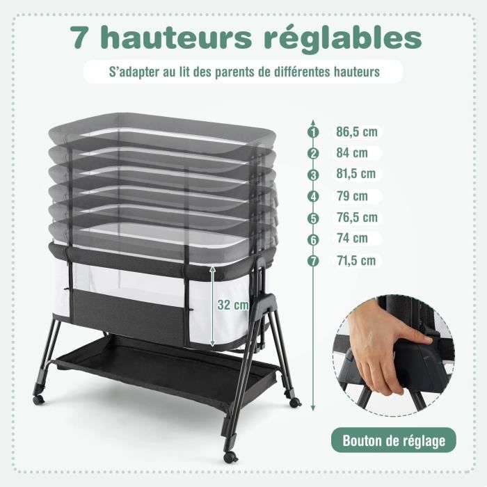 Lit Cododo Bébé 0-6 Mois DREAMADE - Hauteur Réglable, Matelas Amovible, Roues, Gris, 9 Kg Max