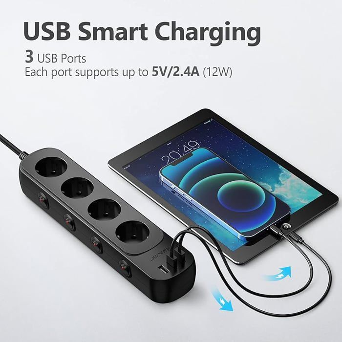 JSVER 4 Way USB Power Strip with 3 USB Ports Extension Cord (3680 W ...